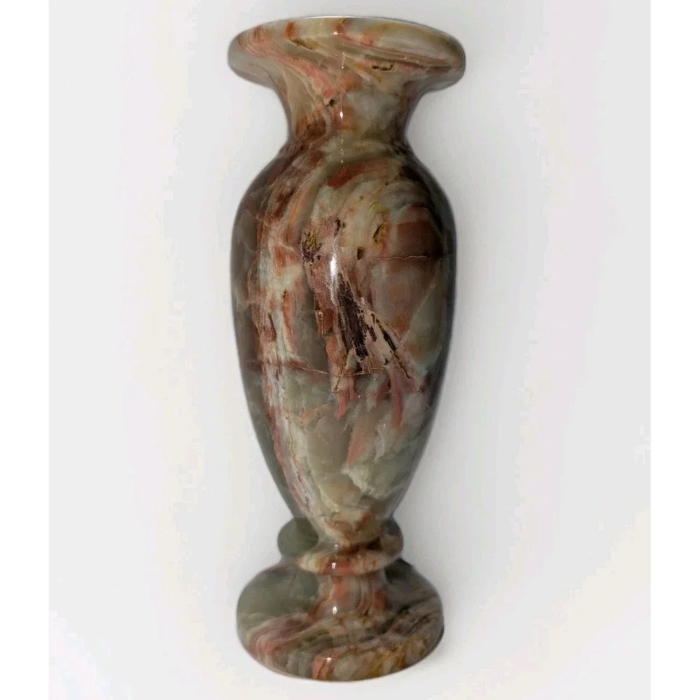 Vintage MCM Heavy Green Peach Onyx Vase Baluster Shape Banded Swirl‎ Markings